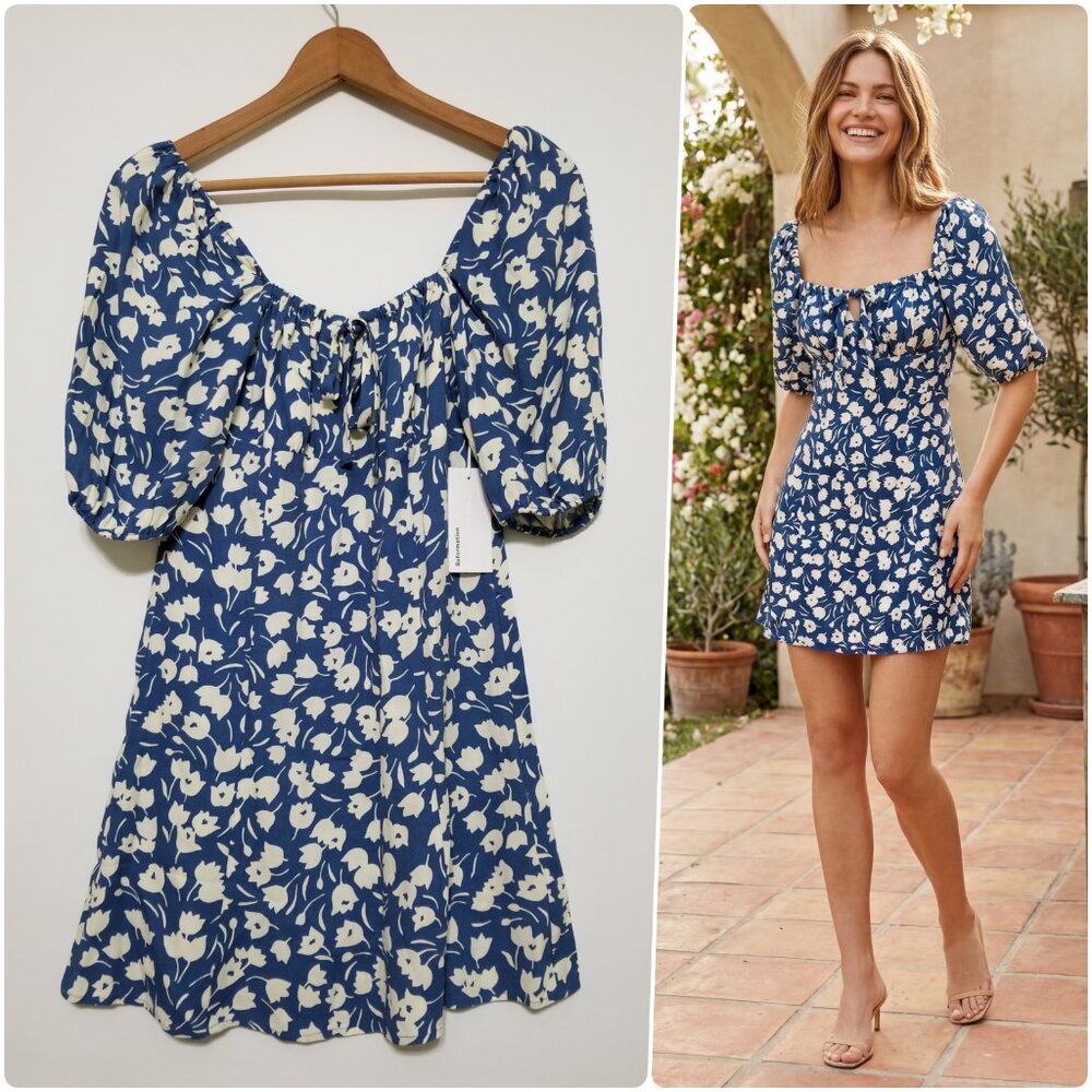 NWT Reformation Sette Floral‎ Mini Dress in Tuli Blue Square Neck Size 4,6 $218